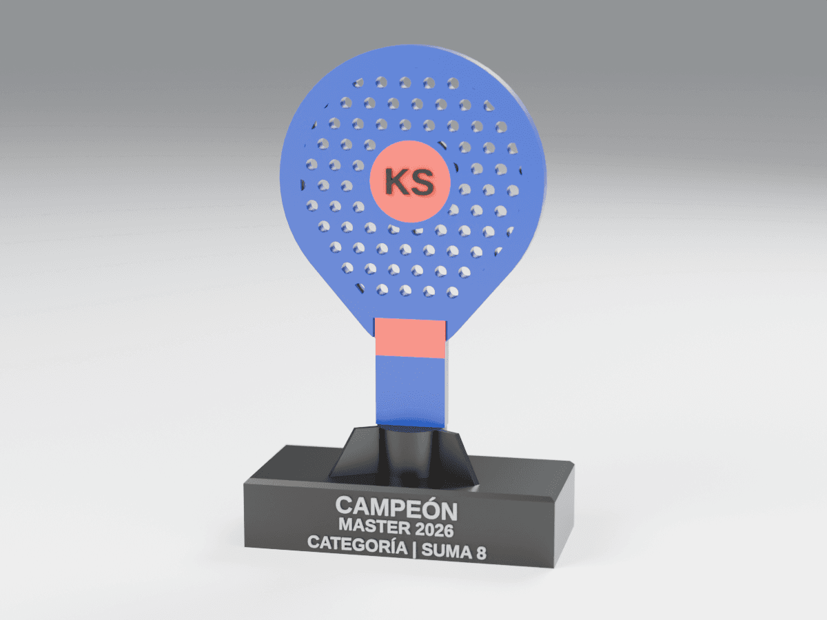 Trofeo pala de pádel impreso en 3D con el texto Campeón en la peana